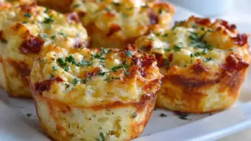 Close-up of golden-brown cheesy mashed potato puffs baked in muffin tins, topped with fresh parsley, and served on a white plate. The puffs are crispy on the outside with a gooey cheese center.