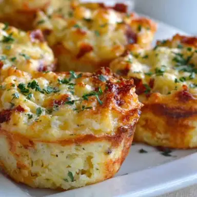 Close-up of golden-brown cheesy mashed potato puffs baked in muffin tins, topped with fresh parsley, and served on a white plate. The puffs are crispy on the outside with a gooey cheese center.