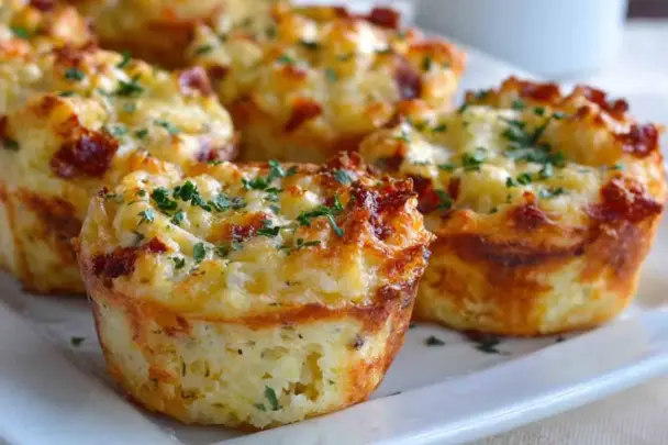 Close-up of golden-brown cheesy mashed potato puffs baked in muffin tins, topped with fresh parsley, and served on a white plate. The puffs are crispy on the outside with a gooey cheese center.