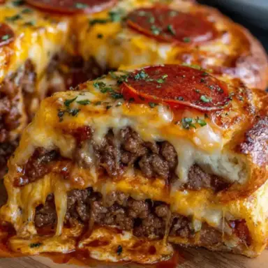 Close-up of a cheesy pizza burger pie sliced open, showing layers of seasoned ground beef, melted cheddar and mozzarella, and golden crust topped with pepperoni and herbs.