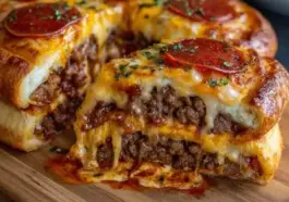 Sliced cheesy pizza burger pie on a wooden board, revealing layers of ground beef, melted cheese, pizza sauce, and golden crust topped with pepperoni slices and herbs.