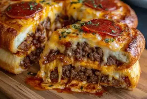 Sliced cheesy pizza burger pie on a wooden board, revealing layers of ground beef, melted cheese, pizza sauce, and golden crust topped with pepperoni slices and herbs.
