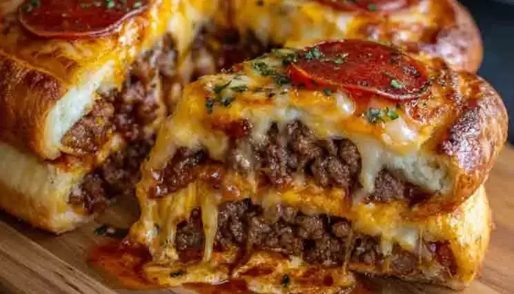 Sliced cheesy pizza burger pie on a wooden board, revealing layers of ground beef, melted cheese, pizza sauce, and golden crust topped with pepperoni slices and herbs.