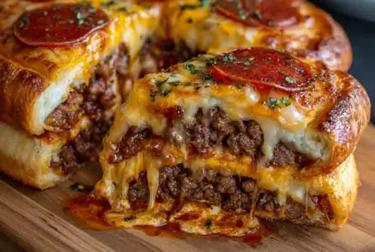 Sliced cheesy pizza burger pie on a wooden board, revealing layers of ground beef, melted cheese, pizza sauce, and golden crust topped with pepperoni slices and herbs.
