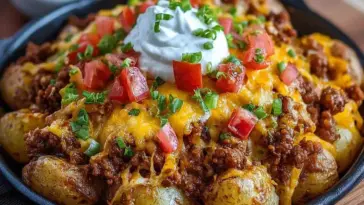 A skillet of cheesy taco potatoes topped with seasoned ground beef, melted cheddar cheese, chopped tomatoes, green onions, and a dollop of sour cream.