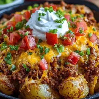 A skillet of cheesy taco potatoes topped with seasoned ground beef, melted cheddar cheese, chopped tomatoes, green onions, and a dollop of sour cream.