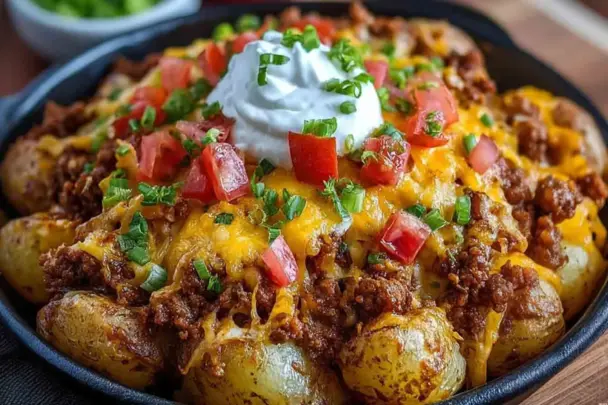 A skillet of cheesy taco potatoes topped with seasoned ground beef, melted cheddar cheese, chopped tomatoes, green onions, and a dollop of sour cream.
