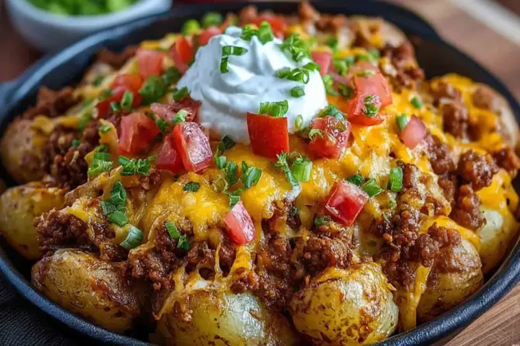 A skillet of cheesy taco potatoes topped with seasoned ground beef, melted cheddar cheese, chopped tomatoes, green onions, and a dollop of sour cream.