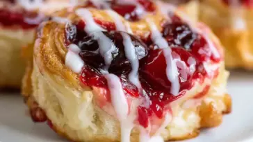Close-up of a golden-brown cherry cheesecake pinwheel topped with cherry pie filling and drizzled icing, showing its flaky layers and creamy center.