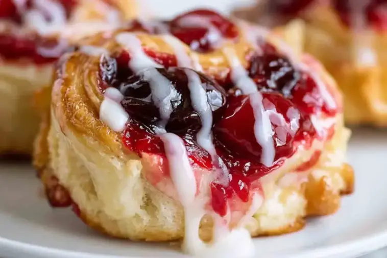 Close-up of a golden-brown cherry cheesecake pinwheel topped with cherry pie filling and drizzled icing, showing its flaky layers and creamy center.