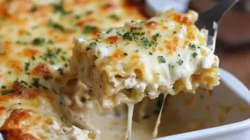 Close-up of a creamy Chicken Alfredo Lasagna Roll Up being lifted from a white baking dish, topped with golden melted cheese and parsley.