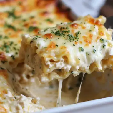 Close-up of a creamy Chicken Alfredo Lasagna Roll Up being lifted from a white baking dish, topped with golden melted cheese and parsley.