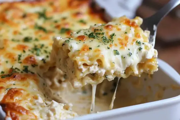 Close-up of a creamy Chicken Alfredo Lasagna Roll Up being lifted from a white baking dish, topped with golden melted cheese and parsley.
