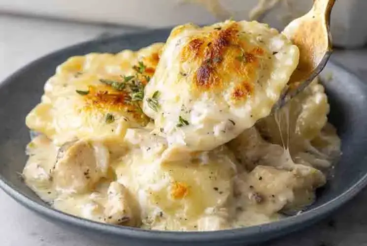 Close-up of a serving of Chicken Alfredo Ravioli Bake on a dark plate with golden-browned cheese ravioli, creamy Alfredo sauce, and chunks of chicken.