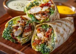 Sliced Chicken Caesar Wraps filled with grilled chicken, crispy bacon, chopped romaine lettuce, and creamy Caesar dressing, served on a wooden board with dipping sauces in the background.