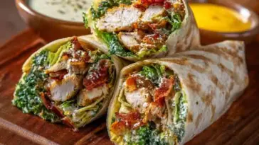 Sliced Chicken Caesar Wraps filled with grilled chicken, crispy bacon, chopped romaine lettuce, and creamy Caesar dressing, served on a wooden board with dipping sauces in the background.