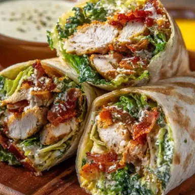 Close-up of a sliced Chicken Caesar Wrap filled with grilled chicken, crispy bacon, romaine lettuce, and Caesar dressing, served on a wooden board.