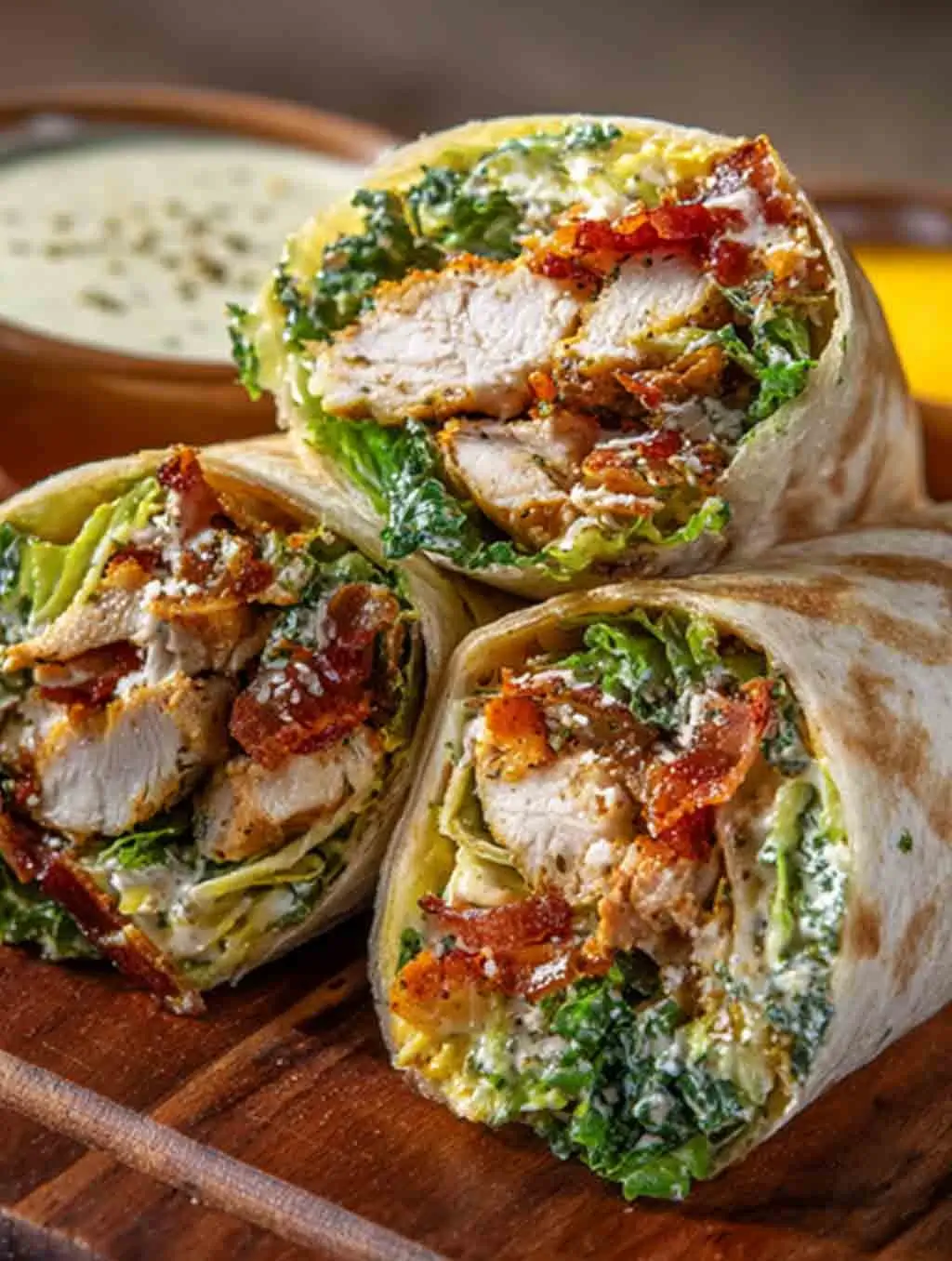 Close-up of a sliced Chicken Caesar Wrap filled with grilled chicken, crispy bacon, romaine lettuce, and Caesar dressing, served on a wooden board.