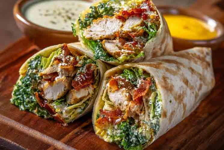 Sliced Chicken Caesar Wraps filled with grilled chicken, crispy bacon, chopped romaine lettuce, and creamy Caesar dressing, served on a wooden board with dipping sauces in the background.