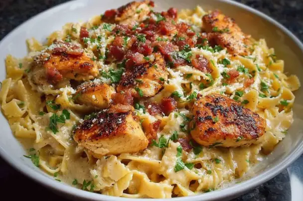 Close-up of creamy Chicken Carbonara pasta with golden seared chicken, crispy bacon bits, fresh parsley, and Parmesan cheese served in a white bowl.