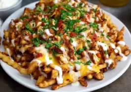 A white plate filled with crispy crinkle-cut fries topped with seasoned chicken, melted cheese, ranch drizzle, diced tomatoes, and chopped parsley.