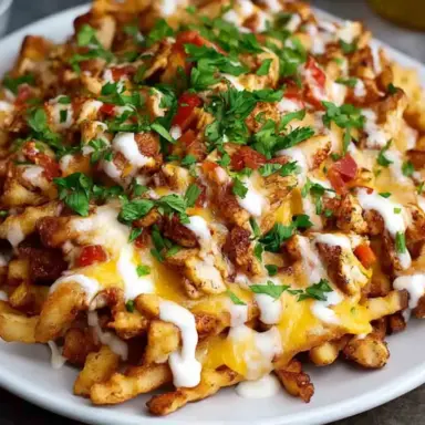 A white plate filled with crispy crinkle-cut fries topped with seasoned chicken, melted cheese, ranch drizzle, diced tomatoes, and chopped parsley.