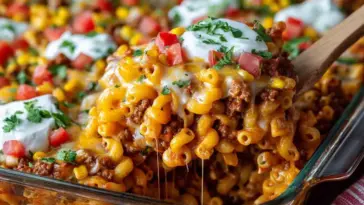 Close-up of cheesy chili mac casserole being scooped from a glass baking dish, showing elbow pasta, ground beef, melted cheese, corn, and toppings like sour cream, chopped tomatoes, and parsley.