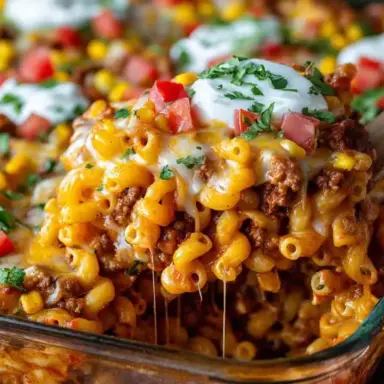 Close-up of cheesy chili mac casserole being scooped from a glass baking dish, showing elbow pasta, ground beef, melted cheese, corn, and toppings like sour cream, chopped tomatoes, and parsley.