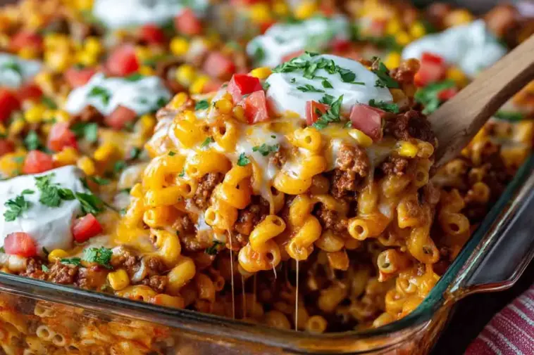Close-up of cheesy chili mac casserole being scooped from a glass baking dish, showing elbow pasta, ground beef, melted cheese, corn, and toppings like sour cream, chopped tomatoes, and parsley.