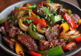 Plate of Chinese Pepper Steak featuring sliced beef, green and red bell peppers, sautéed onions, and thick savory sauce, garnished with chopped scallions.