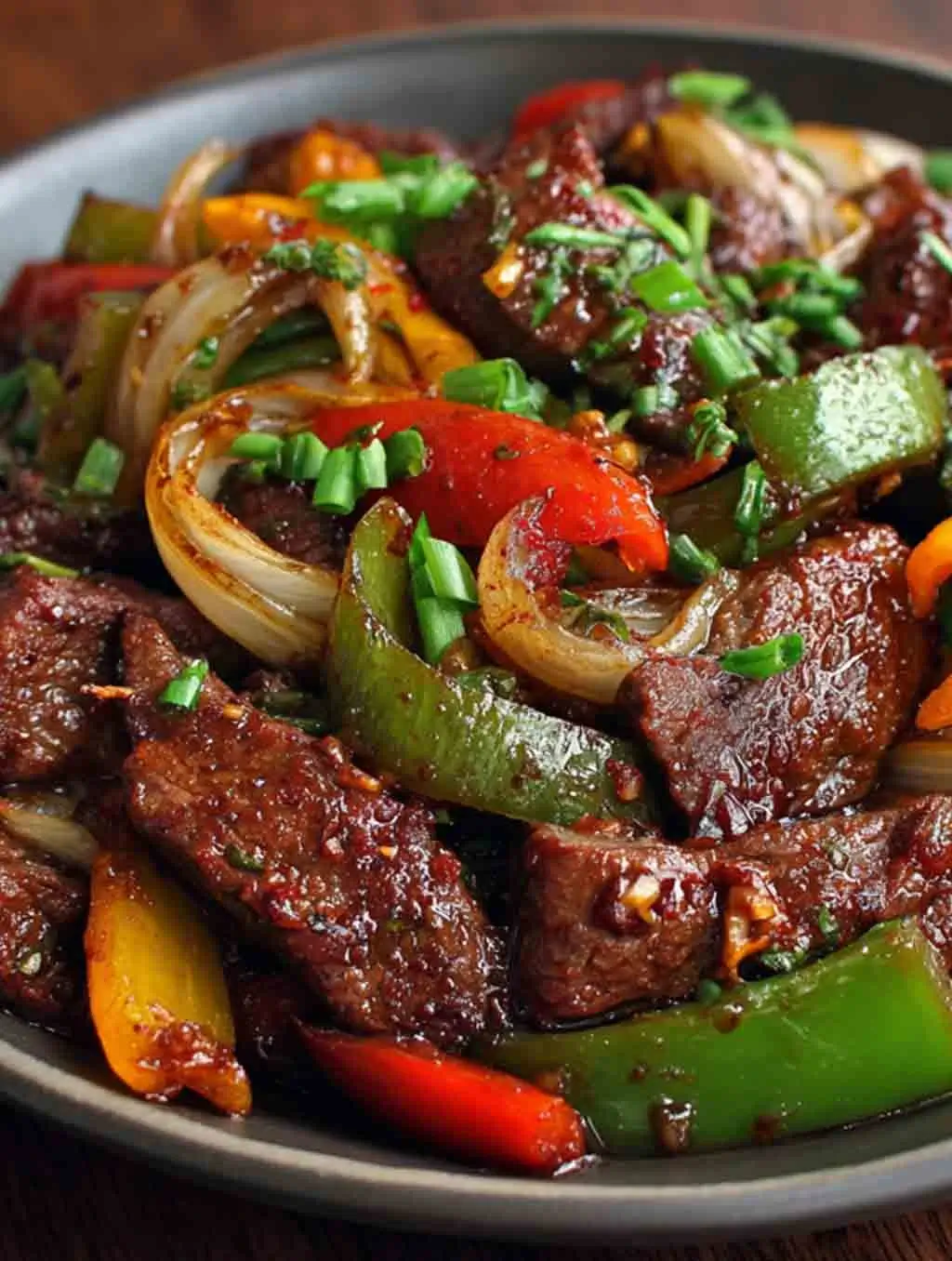 Close-up of Chinese Pepper Steak with sliced beef, red and green bell peppers, onions, and thick pepper sauce, garnished with chopped green onions on a dark plate.