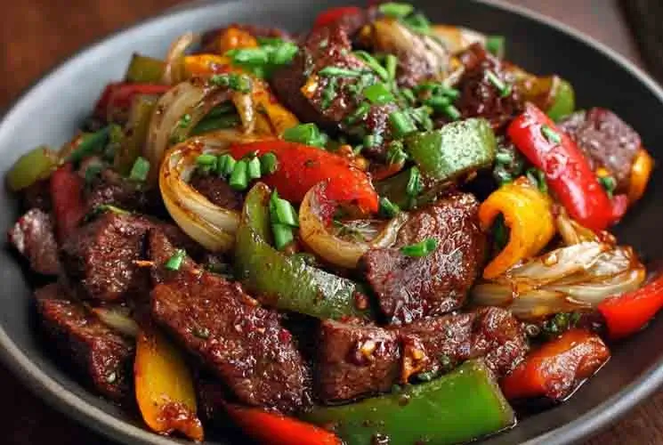 Plate of Chinese Pepper Steak featuring sliced beef, green and red bell peppers, sautéed onions, and thick savory sauce, garnished with chopped scallions.