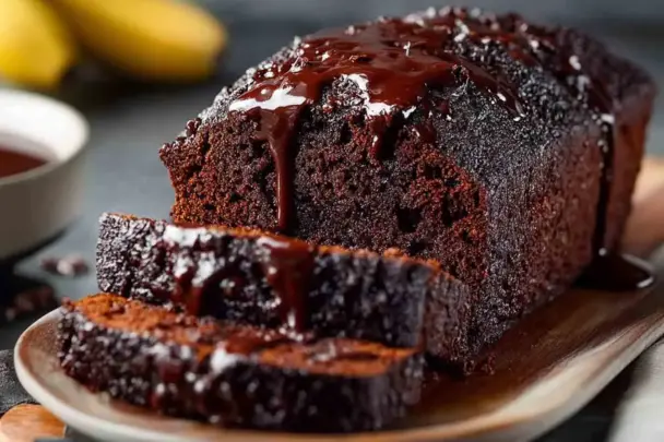 Sliced loaf of moist chocolate banana bread drizzled with melted chocolate on a wooden serving board, showcasing its rich, fudgy interior and glossy topping.