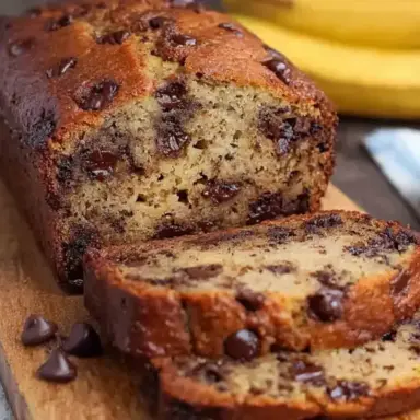 Sliced chocolate chip banana bread loaf on a wooden board, showing a moist, golden interior loaded with melted chocolate chips, ripe bananas in the background