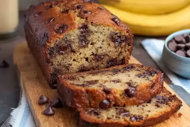 Sliced chocolate chip banana bread loaf on a wooden board, showing a moist, golden interior loaded with melted chocolate chips, ripe bananas in the background
