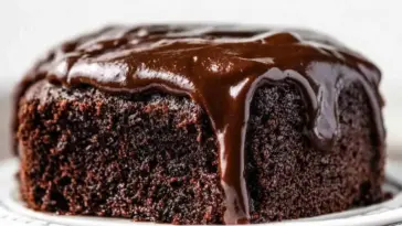 Close-up of a rich and moist Chocolate Depression Cake with glossy chocolate frosting dripping over the edges, served on a white plate.