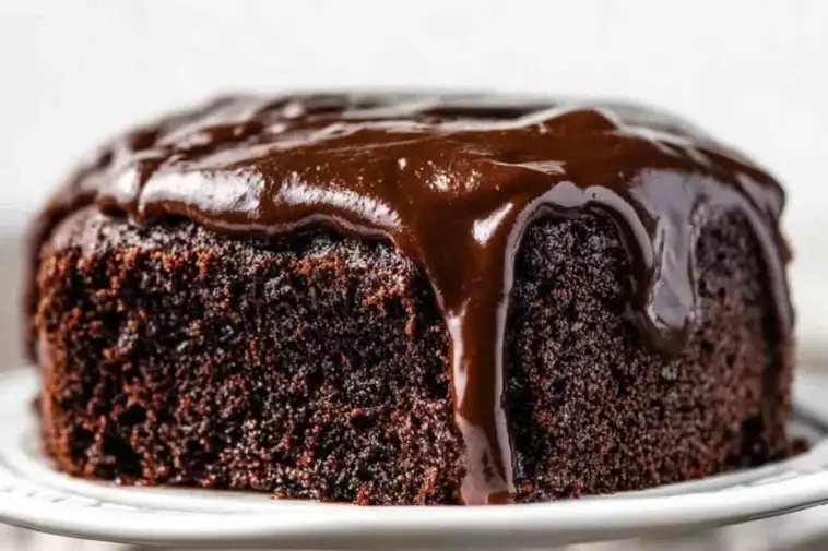Close-up of a rich and moist Chocolate Depression Cake with glossy chocolate frosting dripping over the edges, served on a white plate.