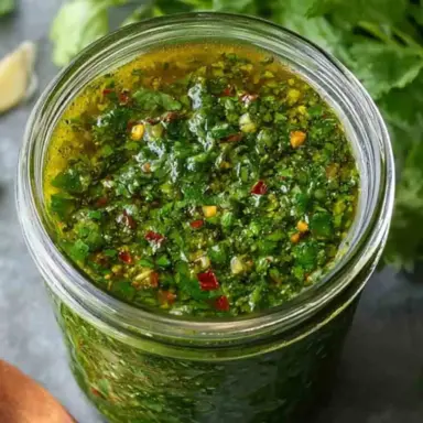 Close-up of a glass jar filled with vibrant green cilantro chimichurri sauce, surrounded by garlic cloves and fresh cilantro leaves on a gray background.