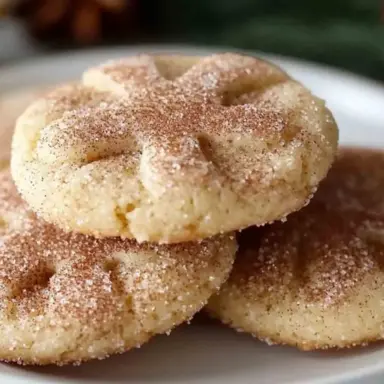 Close-up of soft cinnamon sugar cookies stacked on a white plate, coated in a golden cinnamon-sugar topping with a crackled surface.