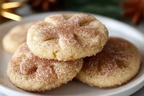 Close-up of soft cinnamon sugar cookies stacked on a white plate, coated in a golden cinnamon-sugar topping with a crackled surface.