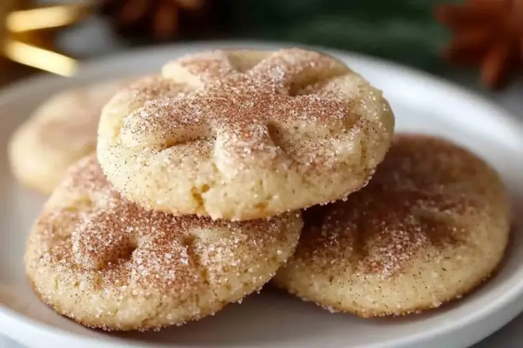 Close-up of soft cinnamon sugar cookies stacked on a white plate, coated in a golden cinnamon-sugar topping with a crackled surface.