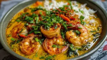 Bowl of coconut curry shrimp soup topped with seared shrimp, chopped green onions, colorful vegetables, and white rice in a creamy golden broth.