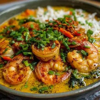 Bowl of coconut curry shrimp soup topped with seared shrimp, chopped green onions, colorful vegetables, and white rice in a creamy golden broth.