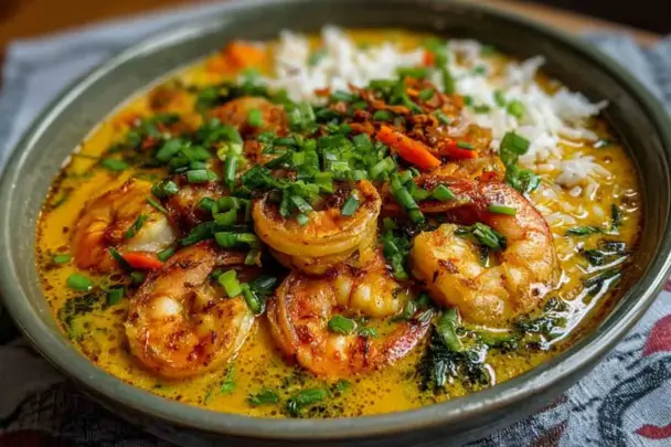 Bowl of coconut curry shrimp soup topped with seared shrimp, chopped green onions, colorful vegetables, and white rice in a creamy golden broth.