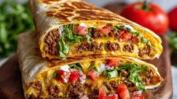 Close-up of a sliced Copycat Crunchwrap Supreme filled with seasoned beef, melted cheese, lettuce, diced tomatoes, and sour cream, served on a wooden board.