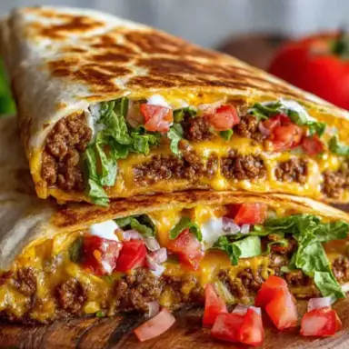 Close-up of a sliced Copycat Crunchwrap Supreme filled with seasoned beef, melted cheese, lettuce, diced tomatoes, and sour cream, served on a wooden board.