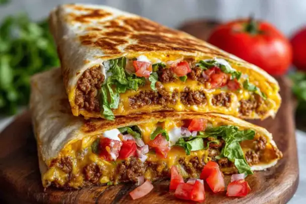 Close-up of a sliced Copycat Crunchwrap Supreme filled with seasoned beef, melted cheese, lettuce, diced tomatoes, and sour cream, served on a wooden board.