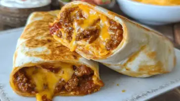 Close-up of a sliced copycat Taco Bell chili cheese burrito filled with seasoned ground beef and melted cheese on a cutting board, with sour cream and shredded cheese in the background.