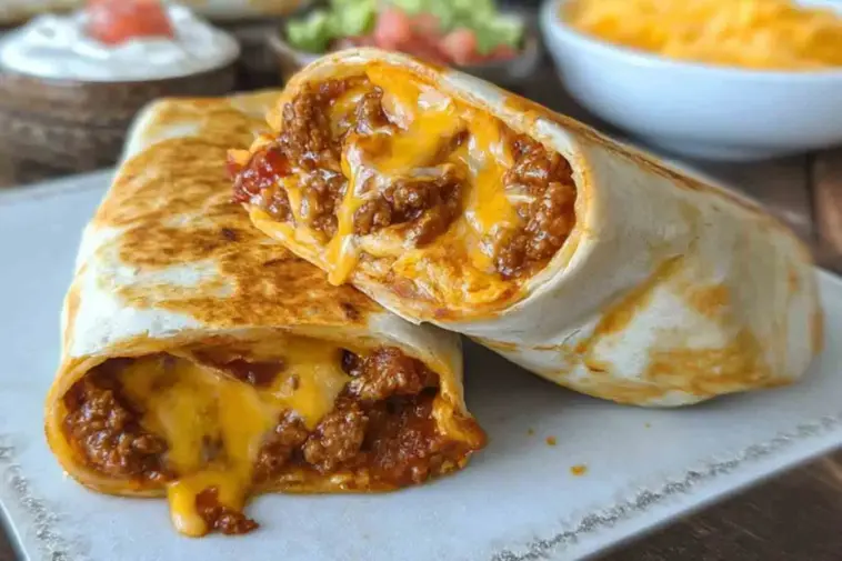 Close-up of a sliced copycat Taco Bell chili cheese burrito filled with seasoned ground beef and melted cheese on a cutting board, with sour cream and shredded cheese in the background.