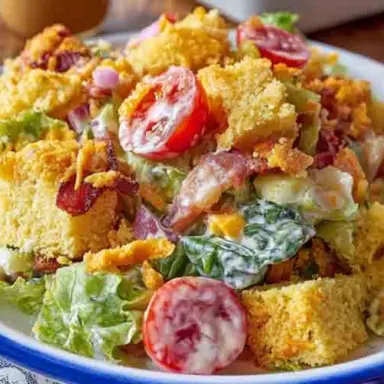 Close-up of Southern cornbread salad featuring crumbled cornbread, cherry tomatoes, bacon, and lettuce, all mixed with creamy dressing and served in a white enamel bowl.